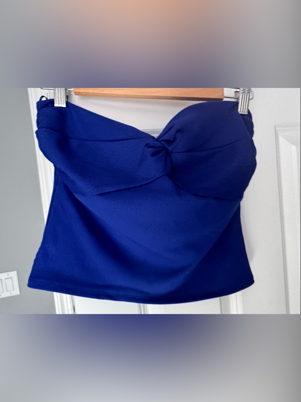 Express Ribbed Strapless Twist Front Top in Royal Blue